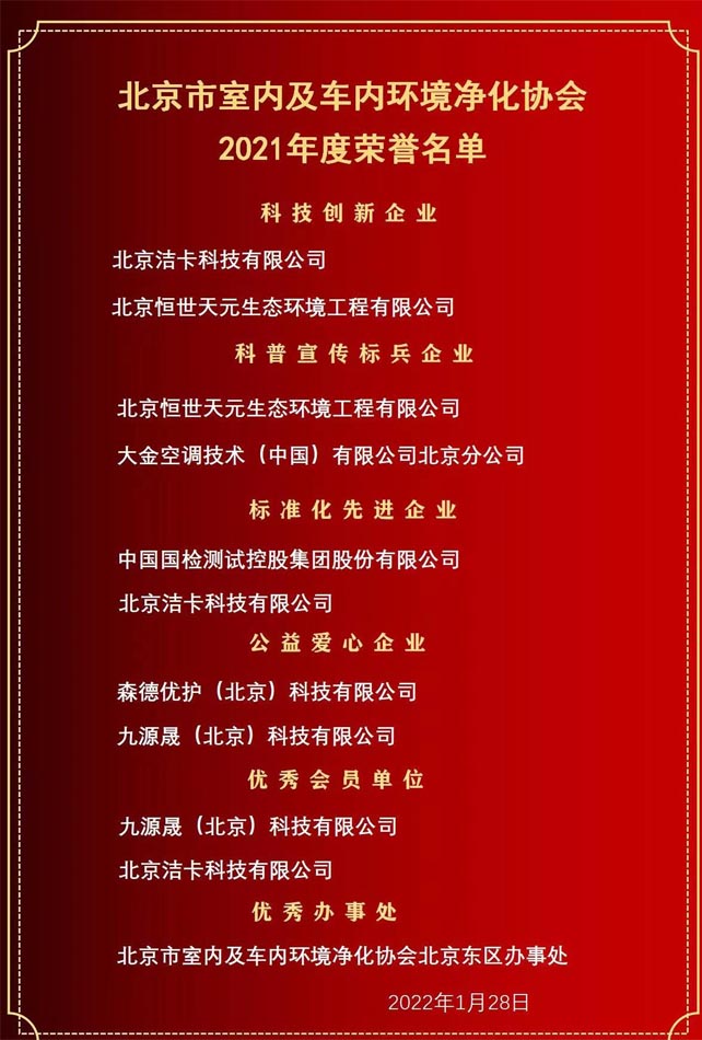 恭喜北京潔卡科技室內(nèi)空氣除甲醛治理公司榮獲“北京室內(nèi)及車內(nèi)環(huán)境凈化協(xié)會”2021年度三項企業(yè)榮譽獎項